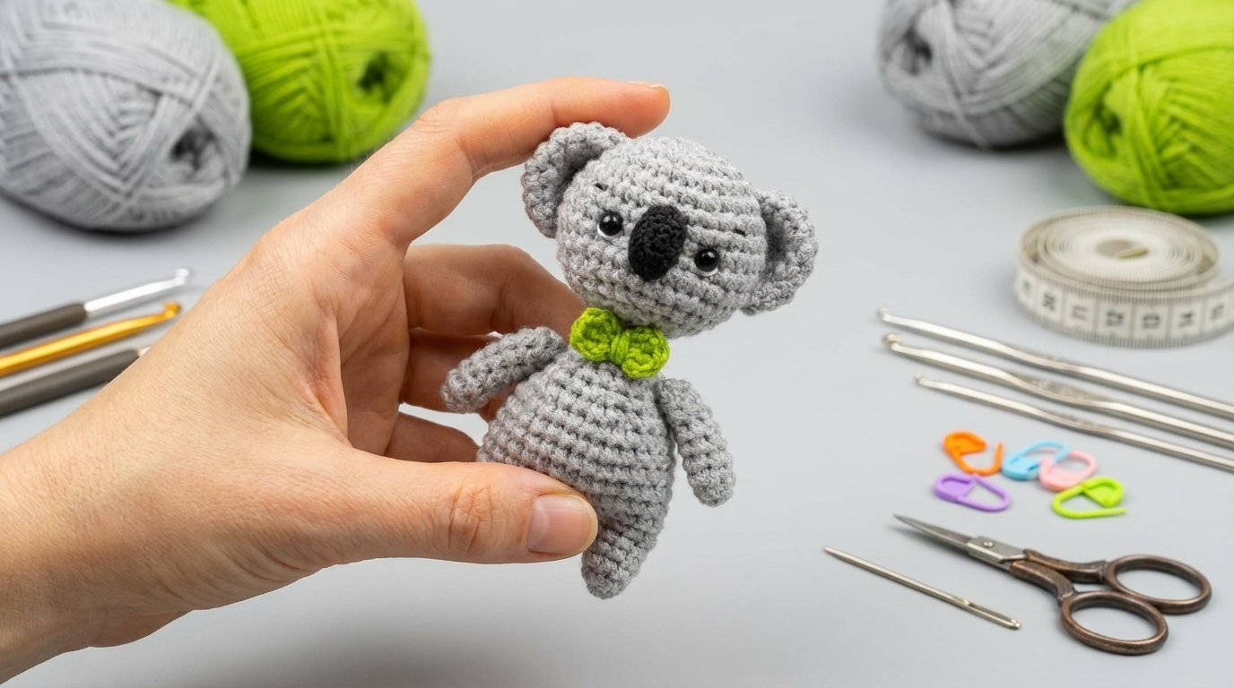 Cole coala amigurumi receita gratis passo a passo, peça artesanal de crochê na cor cinza com textura macia de algodão usada na decoração do quarto.