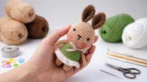 Coelhinho amigurumi bege e marrom com vestidinho verde em crochê para decoração de quarto infantil artesanal.