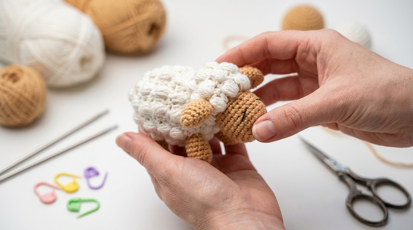 cordeiro amigurumi receita gratis passo a passo, pequeno boneco de croche branco com textura fofinha em ponto pipoca para decoração de quarto infantil.