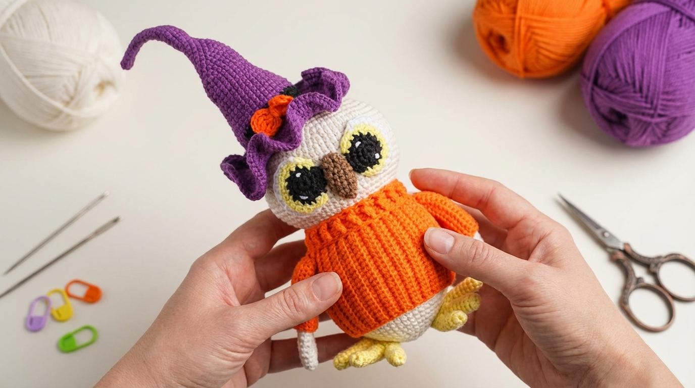 Coruja Amigurumi Dia das Bruxas feita em crochê roxo e laranja com chapéu de bruxa para decoração de Halloween.