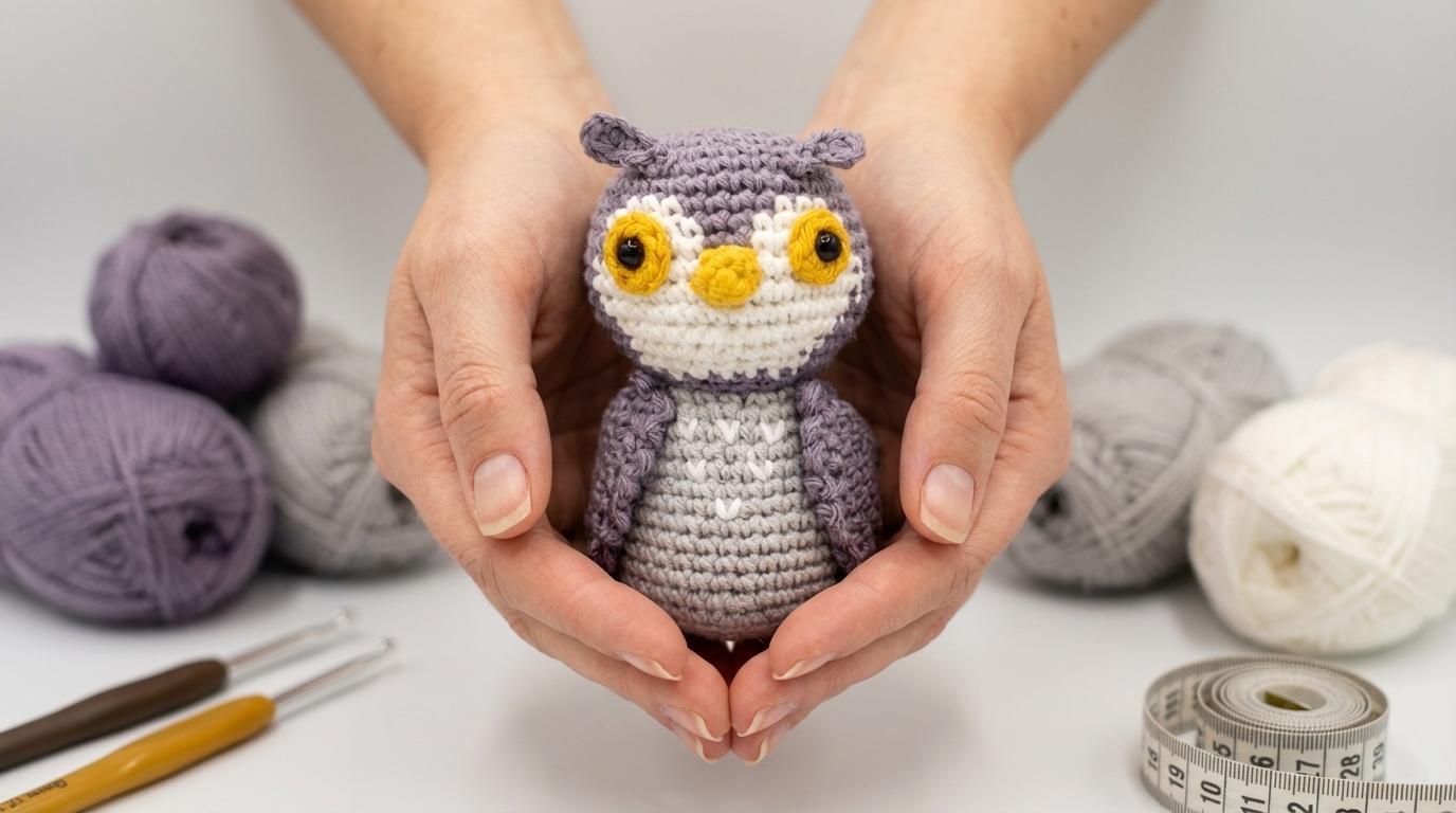 Coruja Daphne amigurumi cinza e amarela feita em crochê para decoração afetiva de quartos infantis ou presentes artesanais