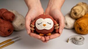 Coruja de Natal ornamentos amigurumi marrom e dourado feita em crochê para decorar sua árvore de natal artesanal.