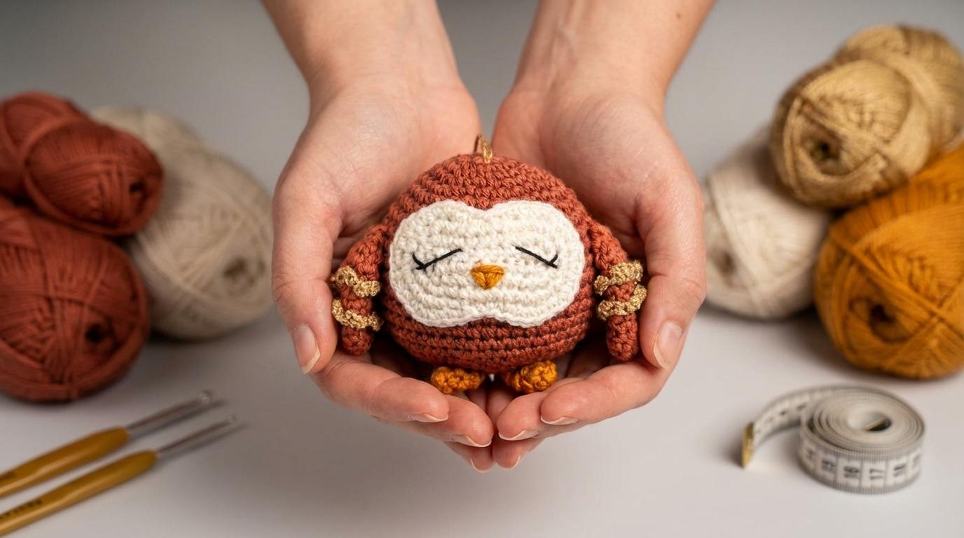 Coruja de Natal ornamentos amigurumi marrom e dourado feita em crochê para decorar sua árvore de natal artesanal.