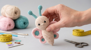 danna borboleta amigurumi receita grátis passo a passo, boneco de crochê em tons de marrom e detalhes coloridos para decoração artesanal de ambientes.