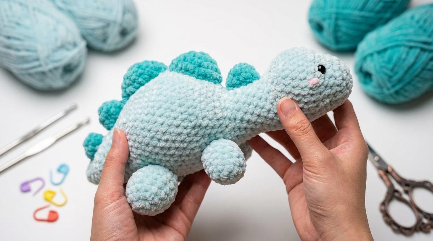 Dino de Crochê amigurumi em fio de algodão verde para decoração lúdica ou presente infantil feito à mão com carinho.