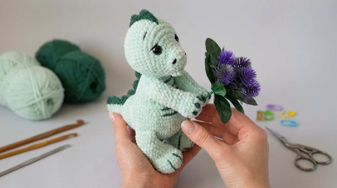 Dinosaurio amigurumi tejido en hilo de peluche color verde claro, ideal para decoración infantil y regalos artesanos.