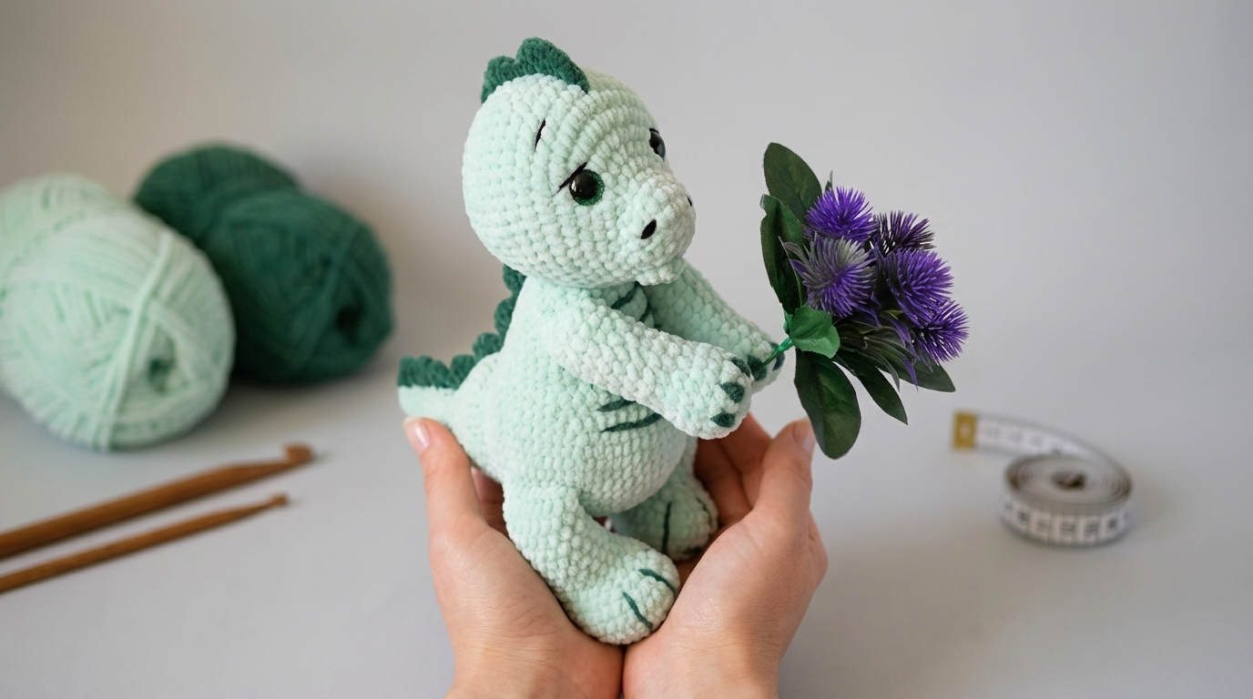 dinossauro amigurumi receita gratis passo a passo, peça artesanal em crochê verde claro com textura de pelúcia fofa e detalhes delicados para quarto infantil.