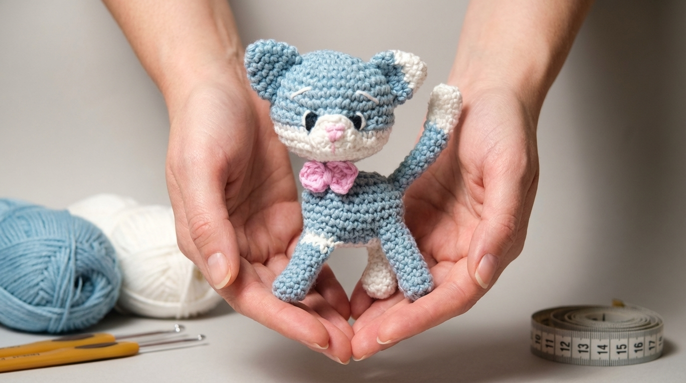 Doce Gatinho Amigurumi marrom e branco com detalhes em azul feito em crochê para decoração de quartos infantis.