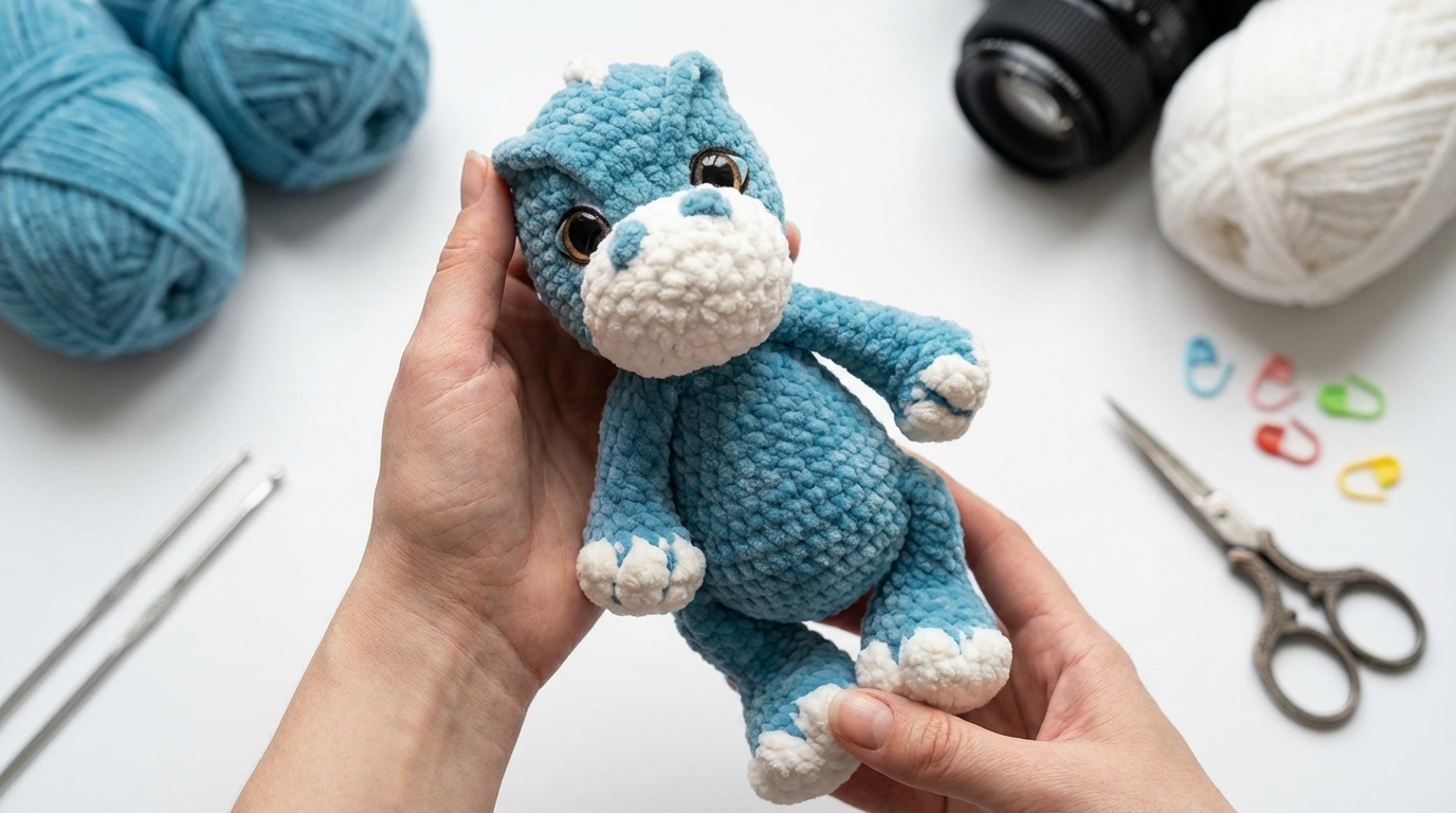 dragão de pelúcia amigurumi receita grátis passo a passo, peça de crochê em fio aveludado para decoração infantil e presente artesanal criativo.