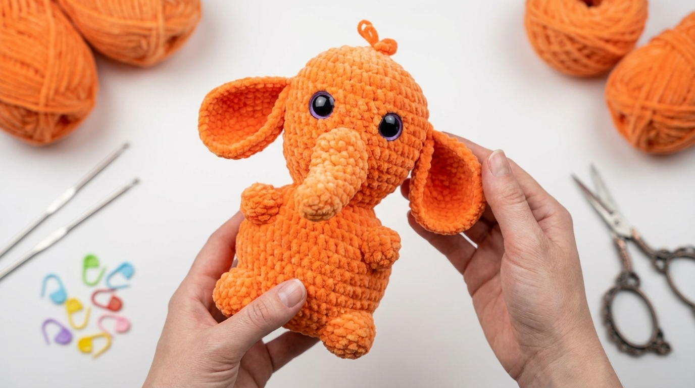 Eleanor Elefante de Pelúcia amigurumi cinza feito em crochê para quarto de bebê, decoração artesanal delicada.