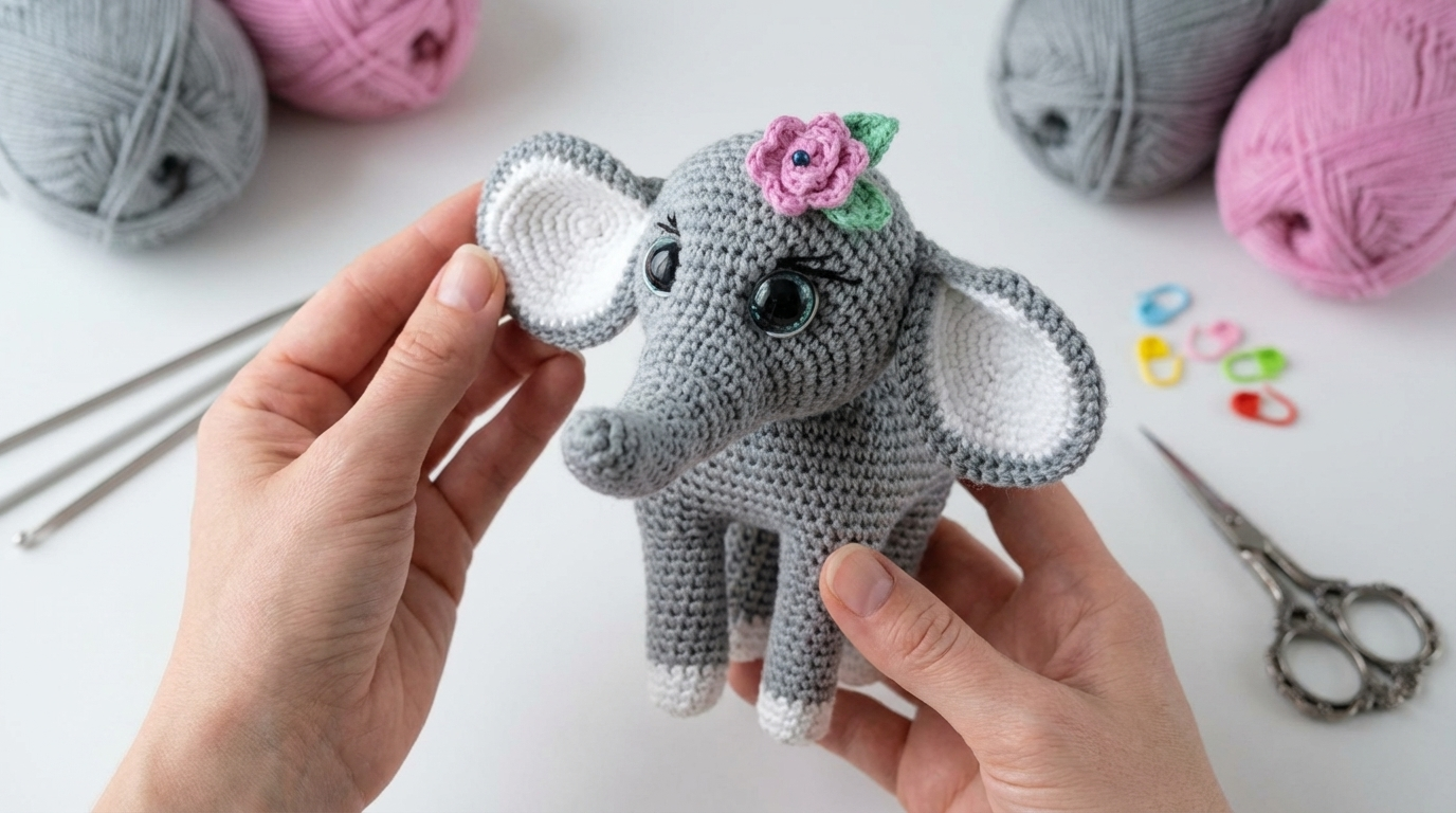 Elefante de crochê azul feito em fio de algodão, posicionado como peça decorativa detalhada para amigurumi.