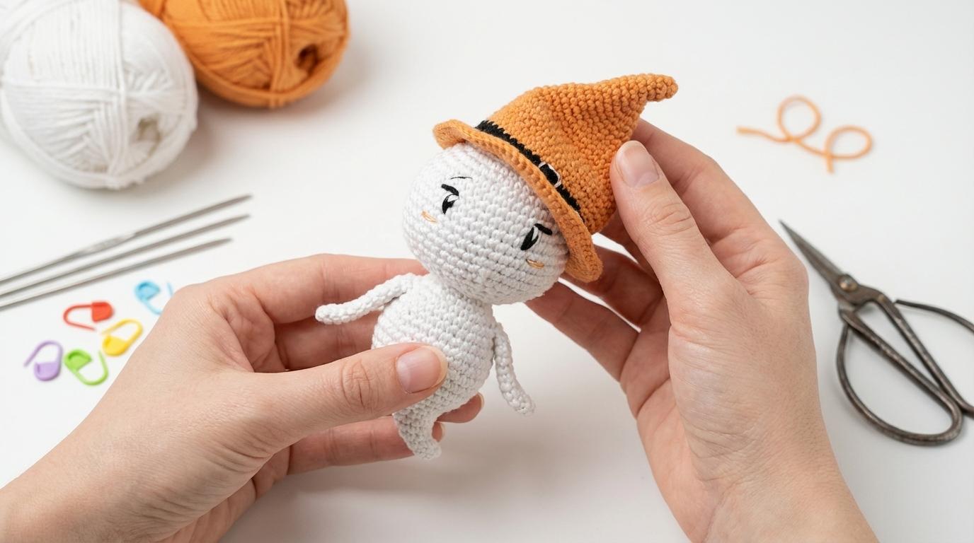 Fantasma Amigurumi Dia das Bruxas branco com chapéu de mago laranja, feito de crochê para decoração temática de ambiente.