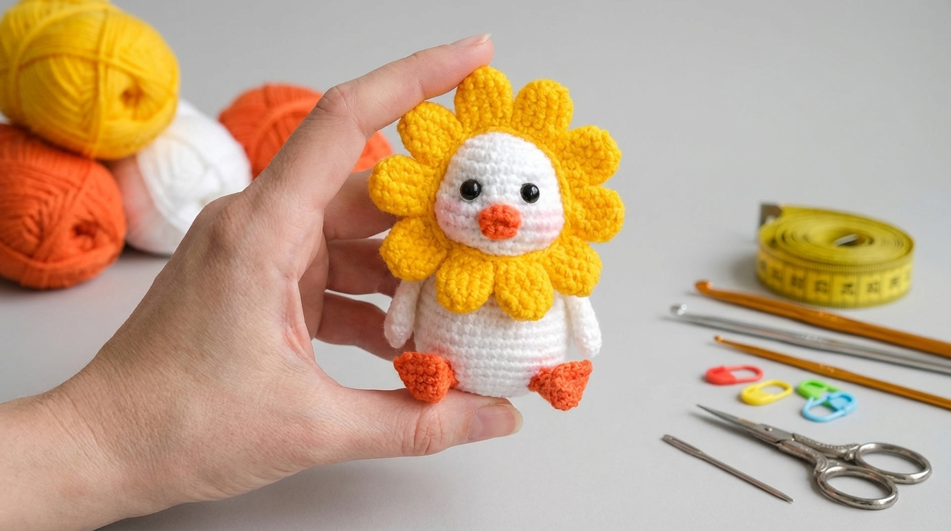 Flor de Pato Amigurumi amarela com pétalas coloridas feita em crochê para decoração artesanal de quarto bebe.