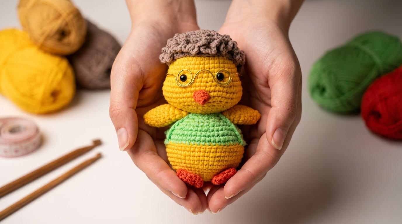 Galinha amigurumi Pequeno Duke amarela, azul e laranja, feita em crochê para decoração ou presente artesanal.