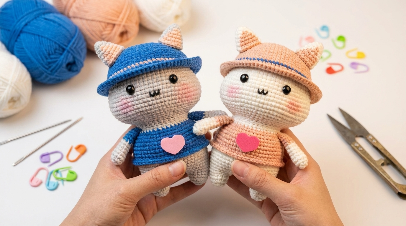 Gatinho Mimoso Amigurumi branco rosa e azul feito em crochê para decoração afetiva de quarto infantil artesanal.