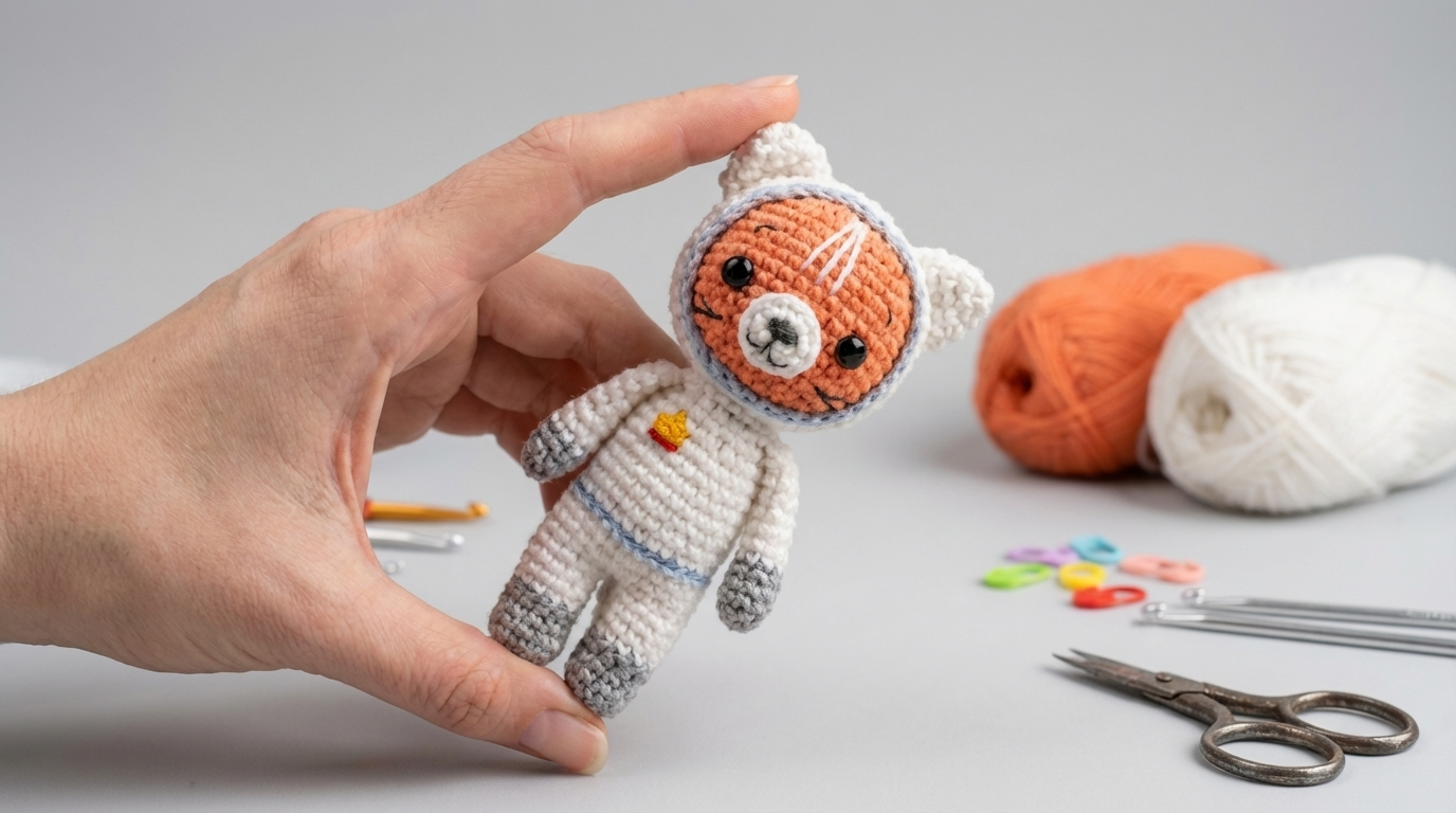Gato Cosmonauta amigurumi en color naranja y blanco hecho de algodón para decoración infantil y regalos temáticos espaciales.