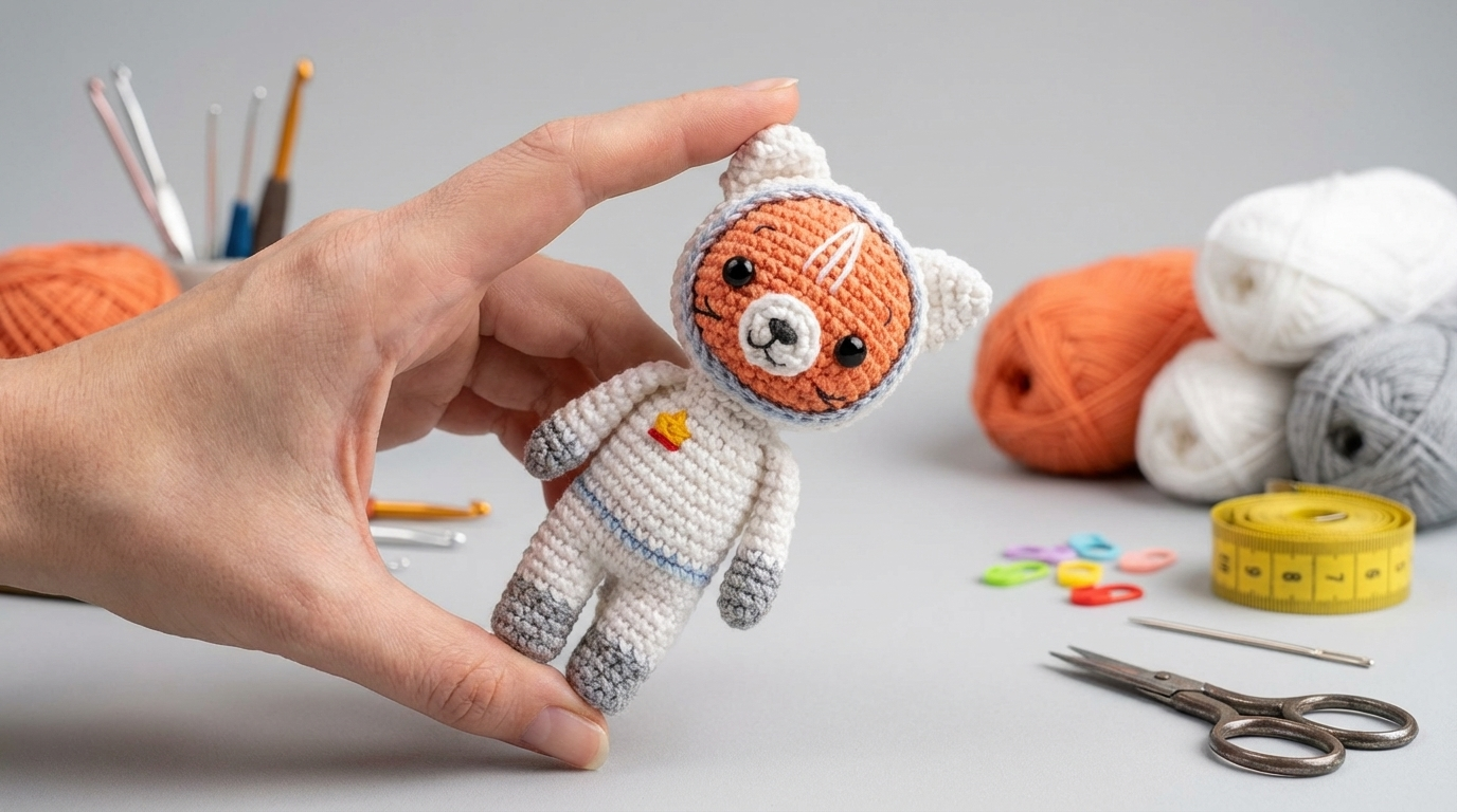 Gato cosmonauta amigurumi receita gratis passo a passo, peça de crochê em tons de laranja, branco e azul com acabamento profissional.
