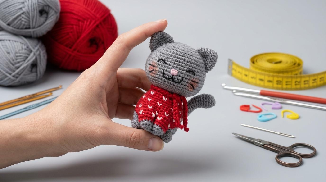 Gato de natal amigurumi cinza e vermelho com cachecol para decoração natalina artesanal em crochê manual passo a passo