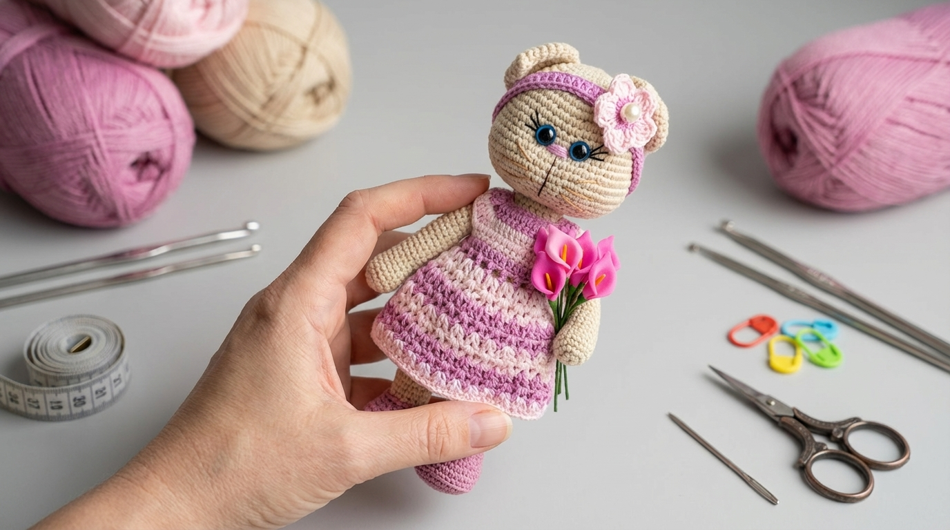 Gato Lírio Amigurumi em tons pastéis com vestido delicado, ideal para decoração artesanal ou presente afetivo.