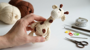girafa amigurumi receita gratis passo a passo, peça artesanal de crochê bege e branco com manchas em marrom para decoração de quarto infantil.
