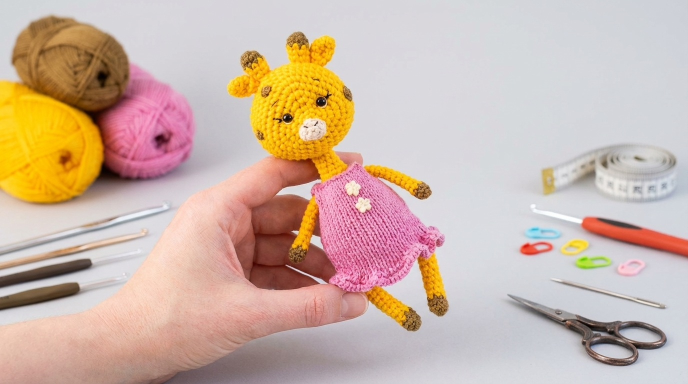 girafinha amigurumi receita gratis passo a passo em crochê amarelo com detalhes marrons e vestido fofo decoração infantil