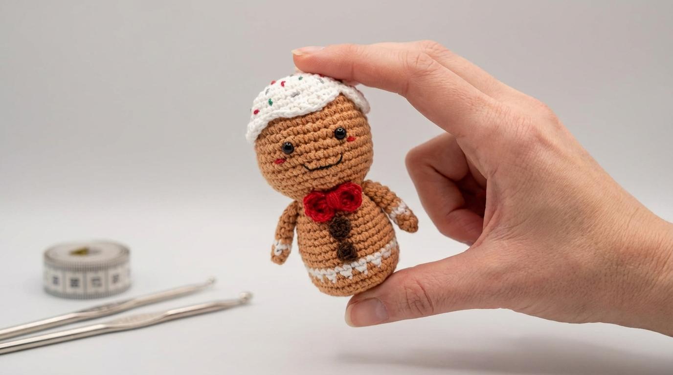 Gretel Homem de Gengibre Amigurumi feito de crochê com detalhes em algodão para decoração temática de Natal artesanal.
