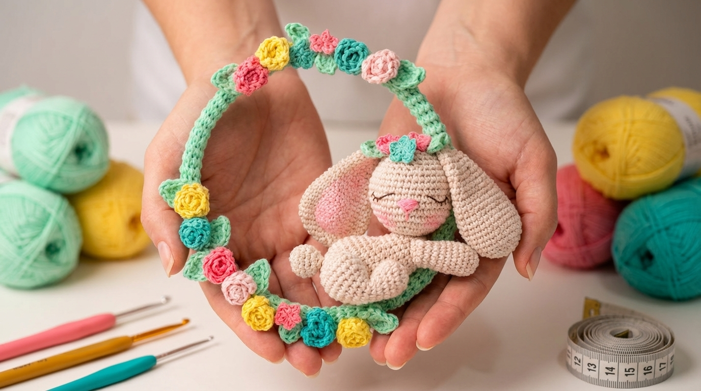 guirlanda de coelho amigurumi receita grátis passo a passo, peça de crochê bege com flores em tons pastel para decoração de porta.