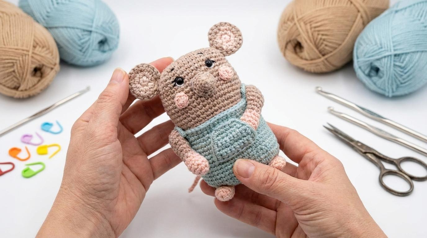 Gustave Rato Amigurumi marrom e azul feito em fio de algodão para decoração lúdica ou presente artesanal de criança.