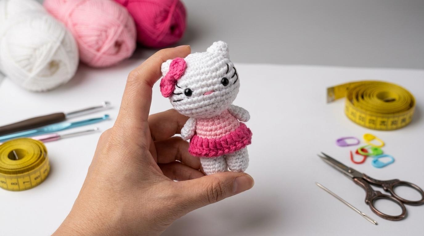 Hello Kitty amigurumi em crochê branco e rosa, detalhe de laço bordado, pronta para decoração ou presente artesanal.