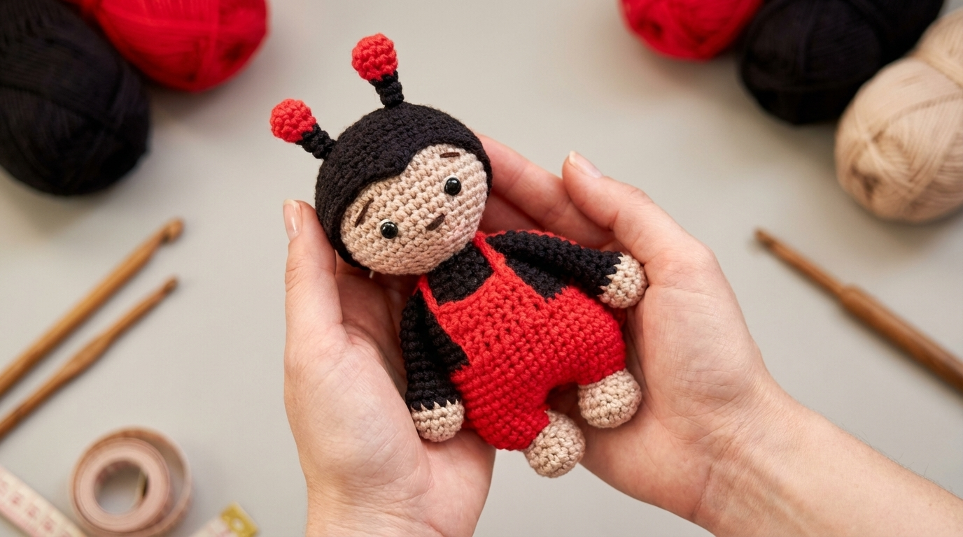 Joaninha em amigurumi com fio vermelho e preto, detalhe delicado, feita artesanalmente para decoração de quartos infantis.
