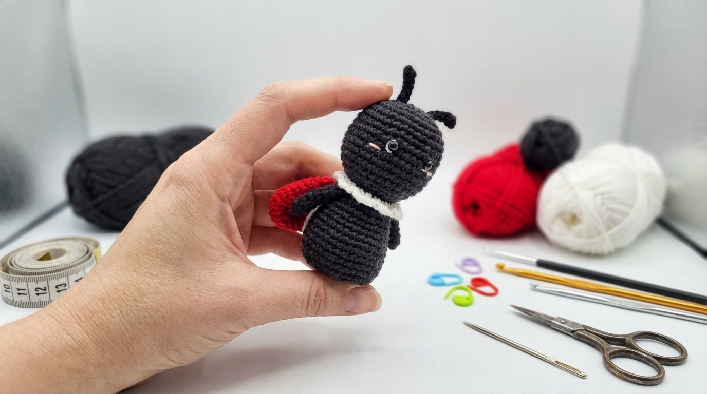 joaninha amigurumi receita gratis passo a passo, peça de crochê com cores vermelha e preta, ideal para decoração e presentes artesanais.