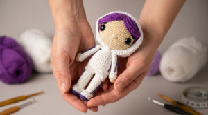 Jungkook amigurumi receita gratis passo a passo, boneco de crochê pele com detalhes visuais em roxo e branco, ideal para decoração de fãs.