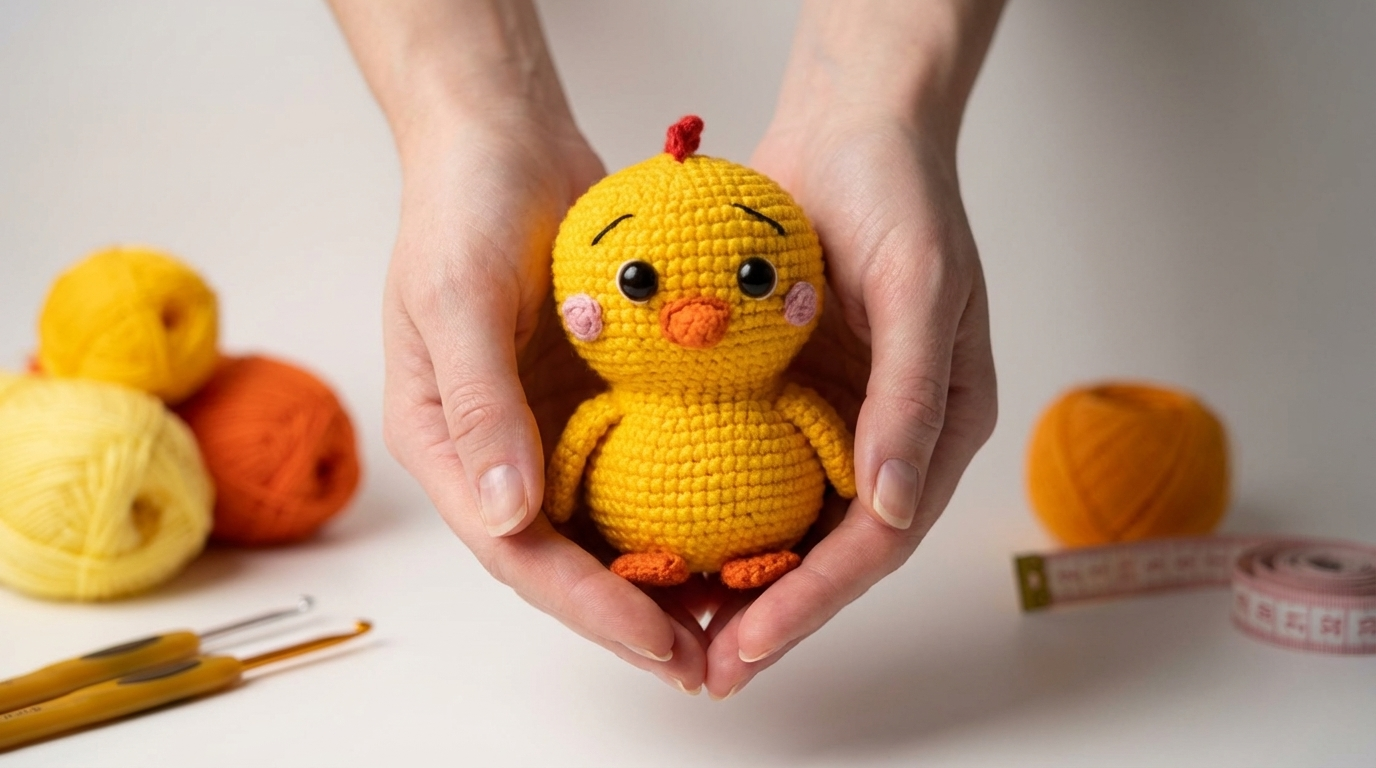 kate galinha amigurumi receita gratis passo a passo, peça de crochê amarela com bico laranja feita fio algodão para decoração infantil ou presente ateliê.