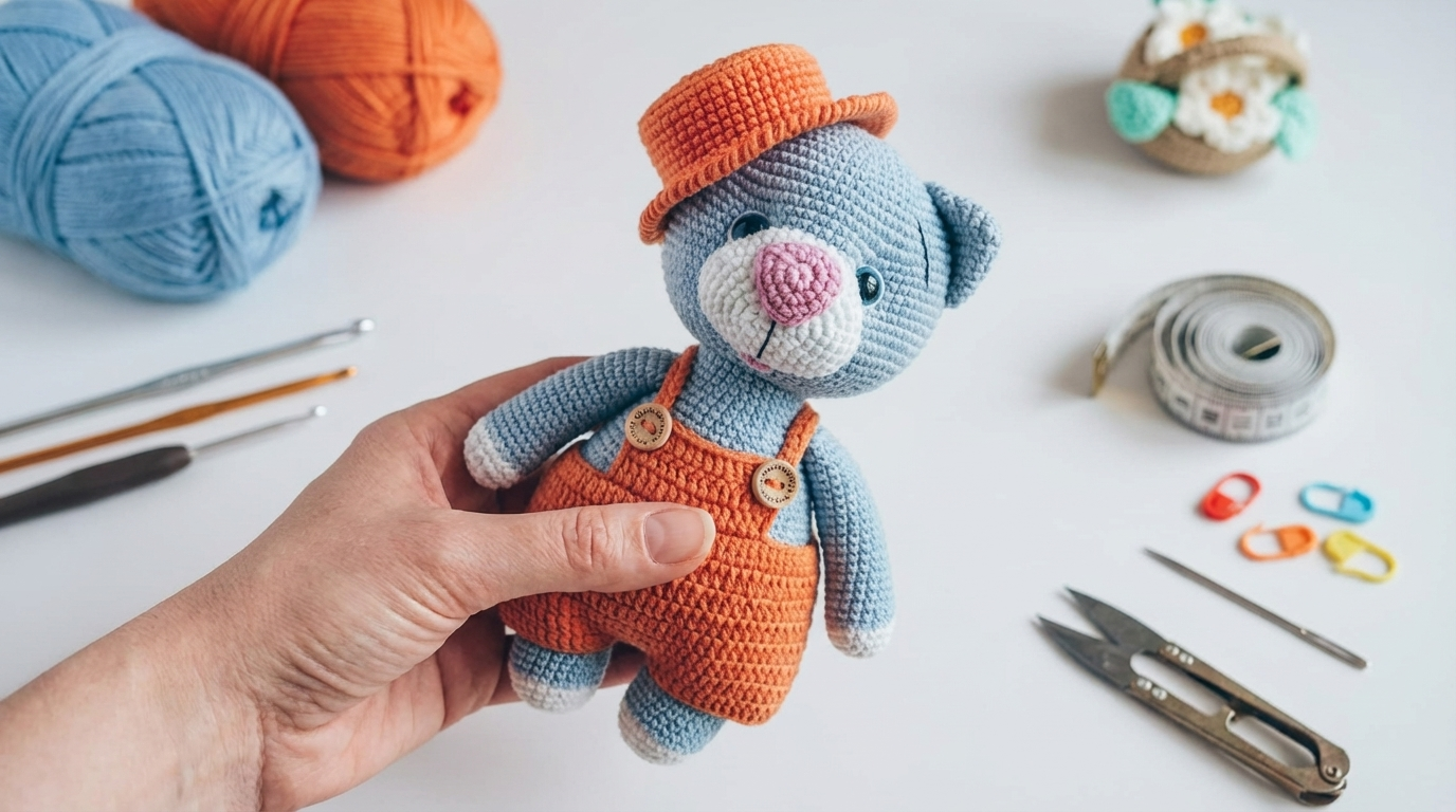 Kira Gato Amigurumi cinza e branco feito em crochê, posando com roupinha azul, ideal para decoração artesanal charmosa.