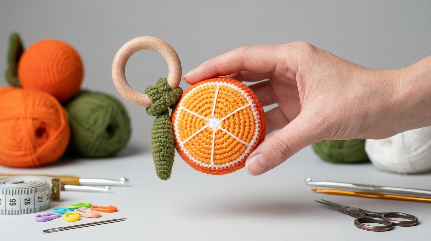 laranja chocalho amigurumi receita gratis passo a passo, peça de crochê em tons de laranja vibrante com detalhes em branco e folha verde para bebês.