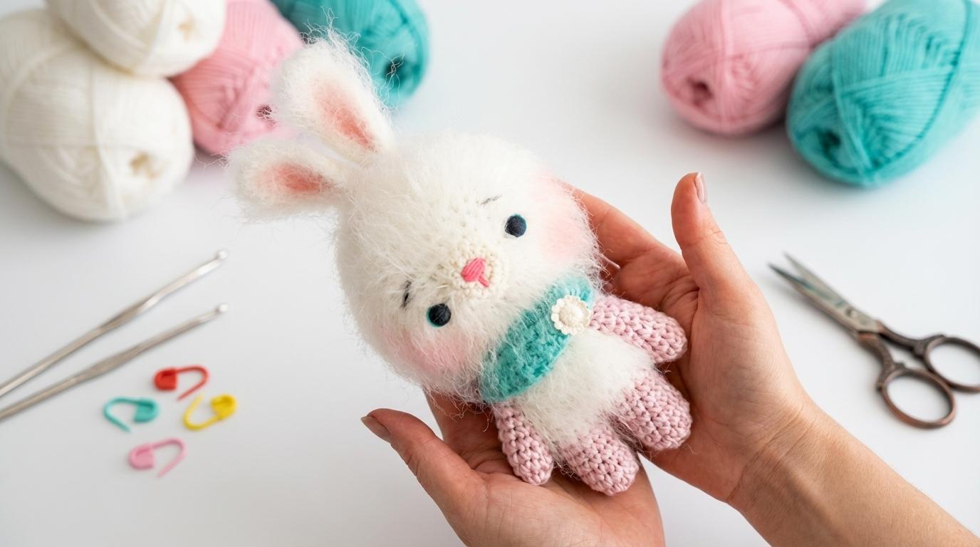 Lee Coelho Amigurumi branco e verde em crochê com cachecol, ideal para decoração artesanal e presentes criativos.