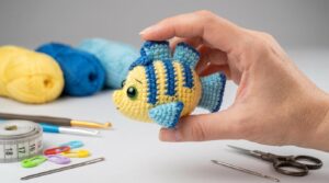 Linguado Peixe Amigurumi amarelo e azul feito em crochê para decoração temática ou para presentear pessoas queridas artesanalmente.
