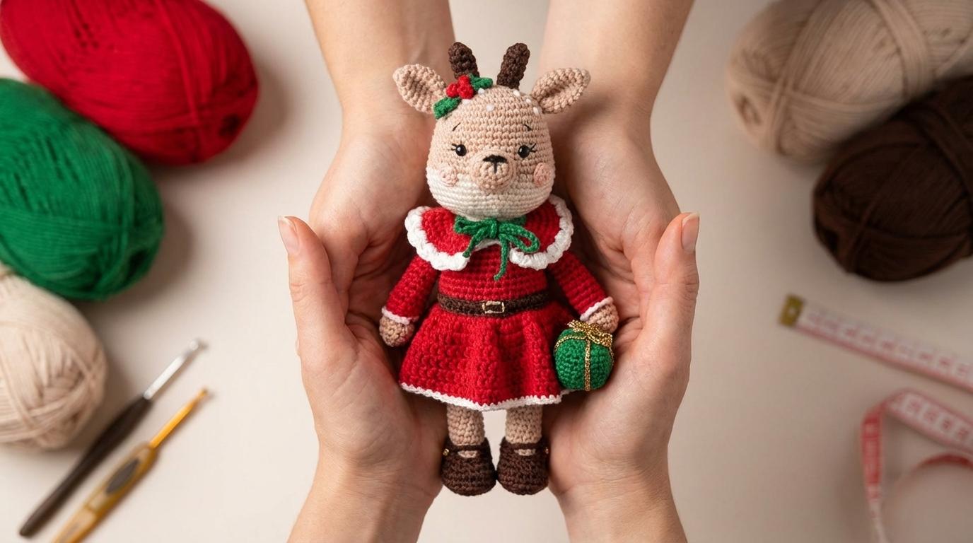 Lucie Rena de Natal Amigurumi feita com fios de algodão marrom e detalhes vermelhos, ideal para decoração natalina artesanal.
