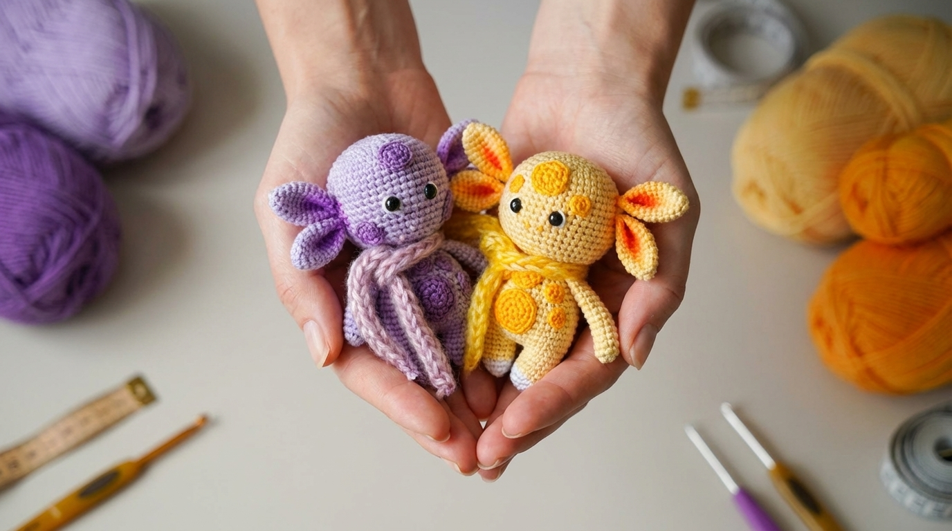 luntik amigurumi receita gratis passo a passo, boneco de crochê rosa com detalhes em roxo e manchas para decoração artesanal de quarto infantil.