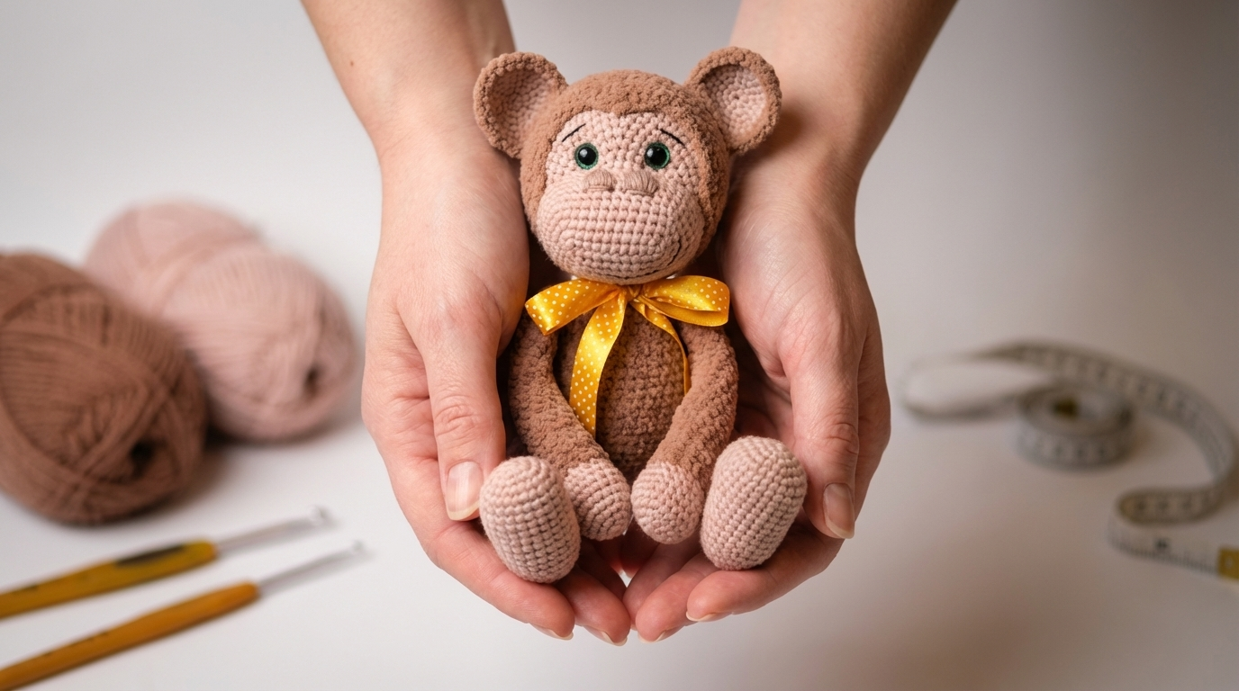 macaquinho amigurumi receita gratis passo a passo, peça artesanal de crochê em tom bege aveludado para decoração infantil ou presente lúdico.