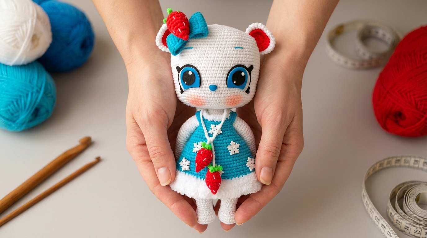 Maisie Gato Amigurumi receita grátis passo a passo, gatinha de crochê branca com detalhes em cores contrastantes.