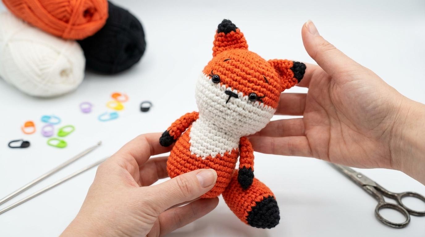 Malicia Raposa Amigurumi laranja e branca feita em crochê artesanal para decoração de quarto infantil ou presente criativo.