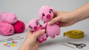 Mamãe porca amigurumi rosa em fio pelúcia ideal para presente de quarto infantil e decoração artesanal feita à mão em crochê.