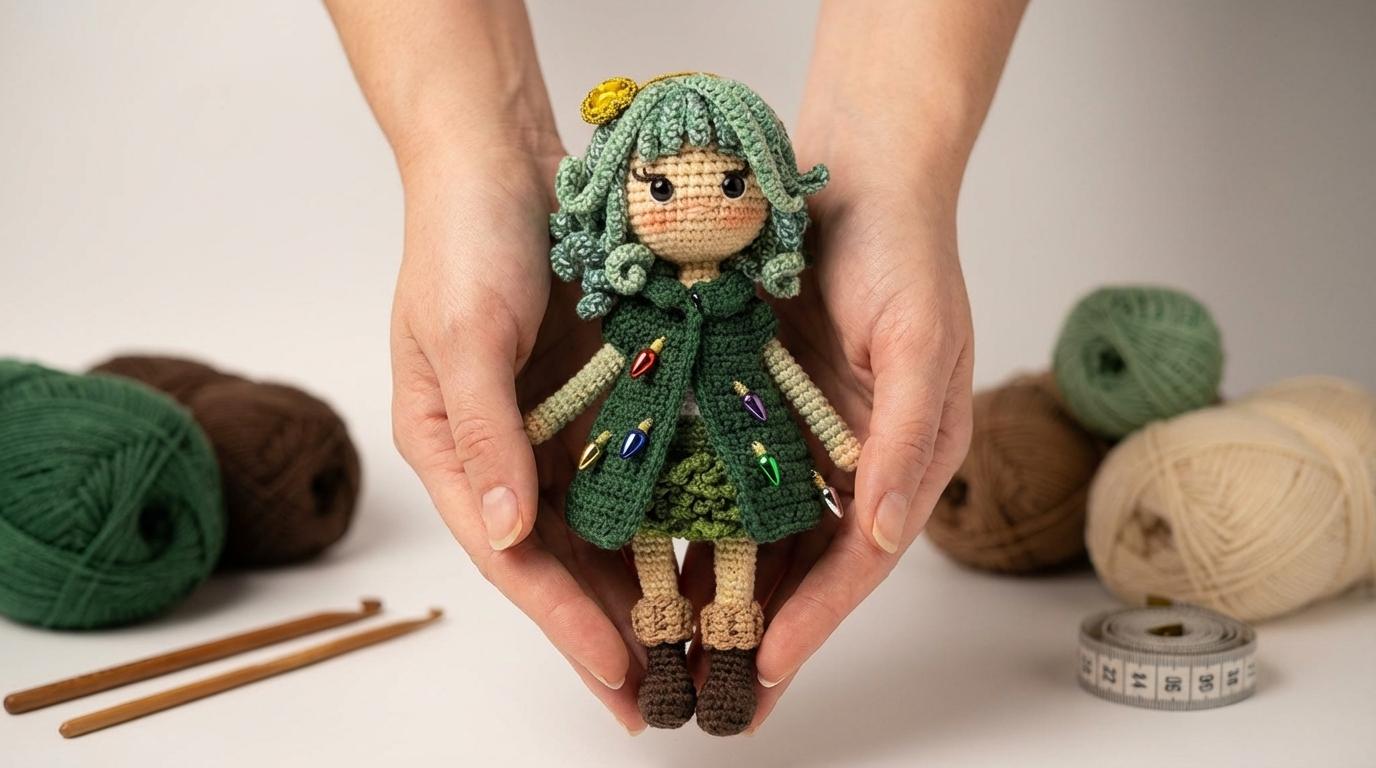 Mandy Amigurumi Boneca com tons floresta e branco em fio acrílico, detalhe da montagem para projeto artesanal de crochê.