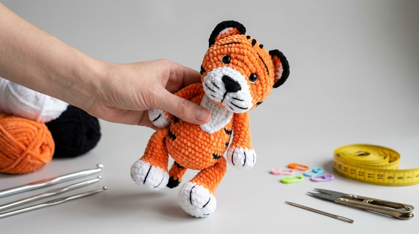 Mark Tigre Amigurumi receita grátis passo a passo com fios laranja preto e branco em material aveludado fofo para decoração e presentes artesanais em crochê.