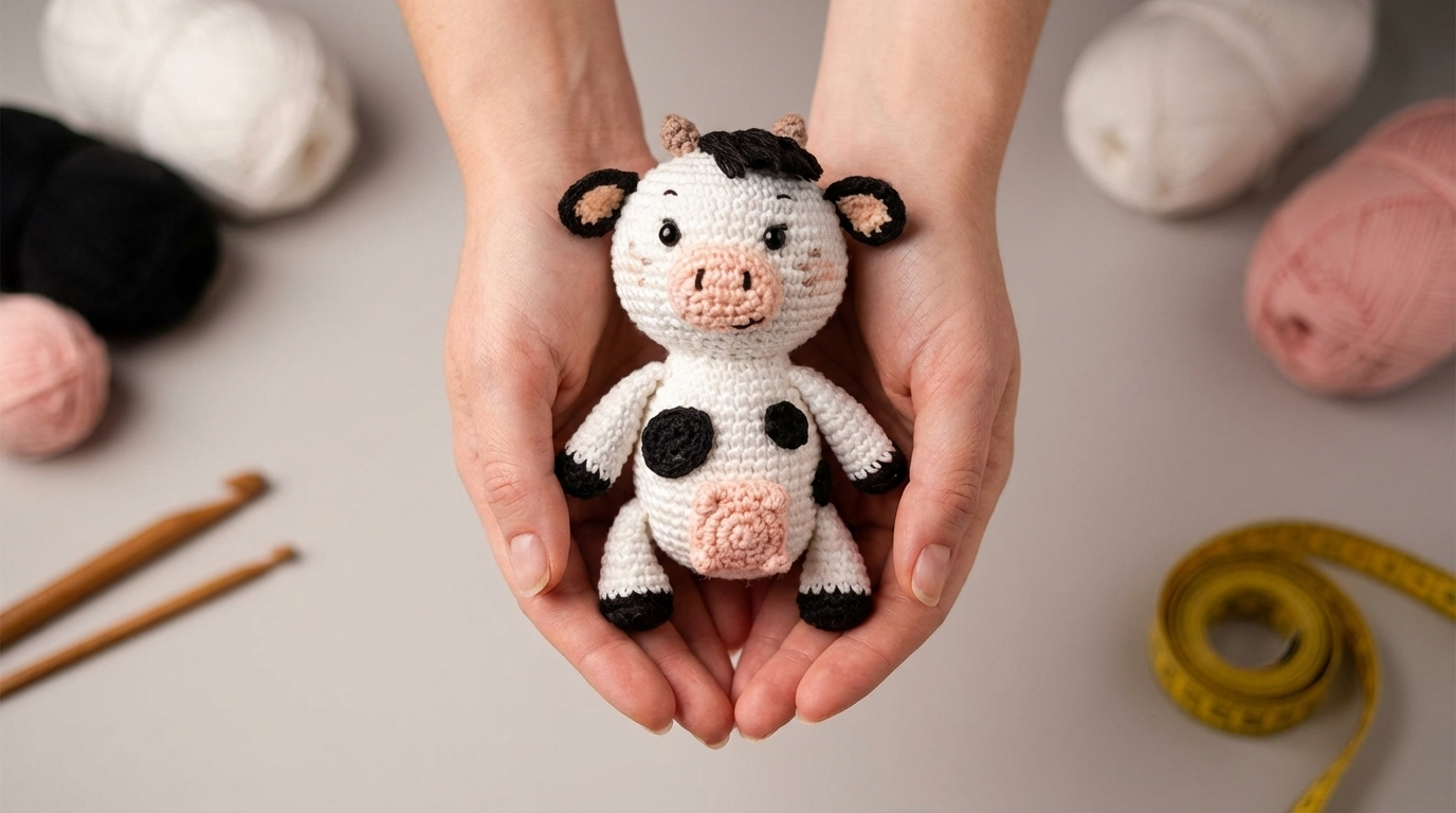 Marlee vaca amigurumi receita gratis passo a passo, boneco de crochê branco com manchas pretas e textura em algodão, cenário lúdico de fazenda.