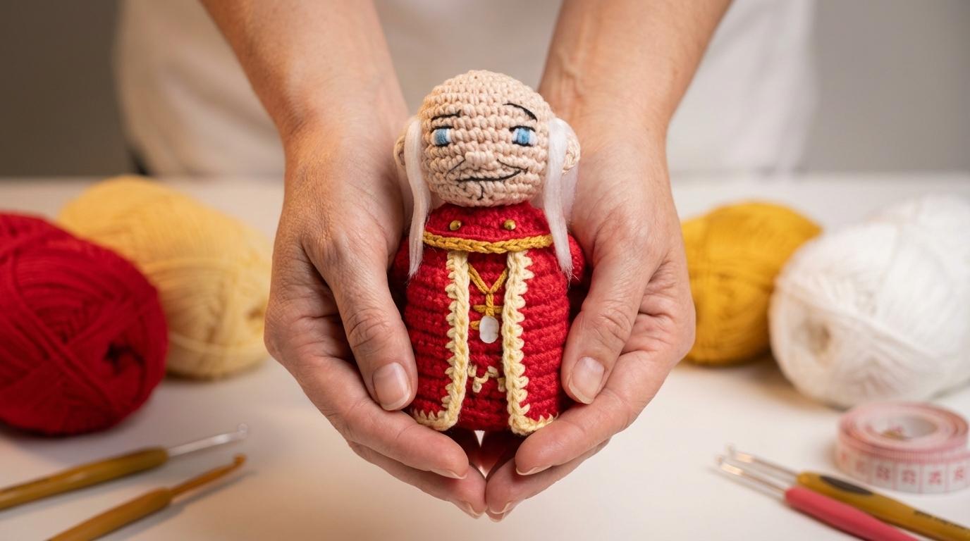 Mestre Mago Boneca Amigurumi em tons de chantilly e cereja feito em crochê para decoração mágica de estantes artesanais.
