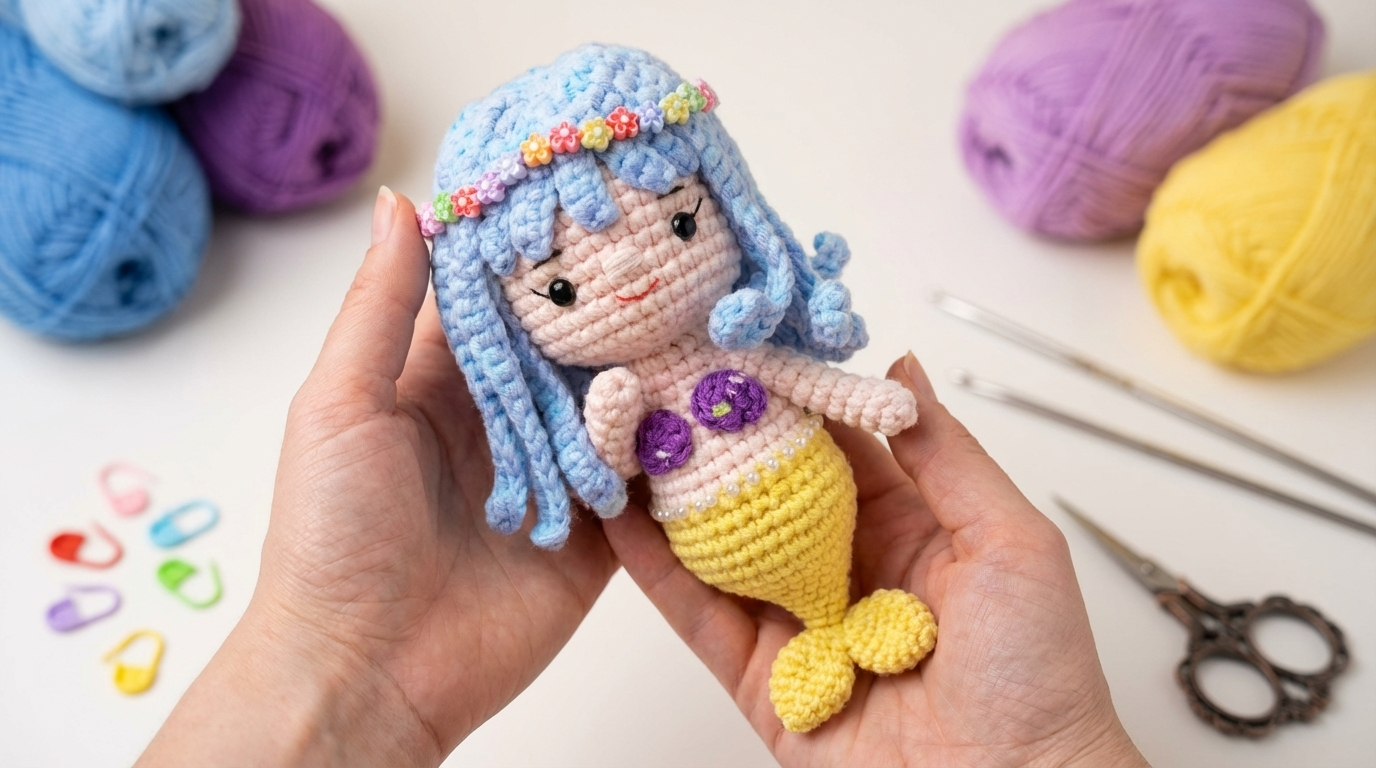 Mini Sereia de Amigurumi em tons pastéis feita de crochê, acessório decorativo artesanal delicado para presente mágico.