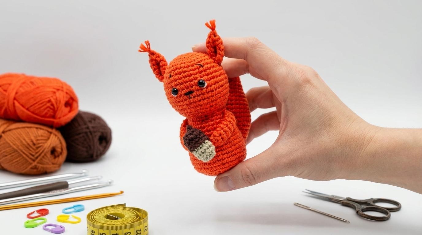 Nuttea Esquilo Amigurumi laranja com detalhes marrons e bolota verde sálvia, feito em crochê perfeito para decoração.