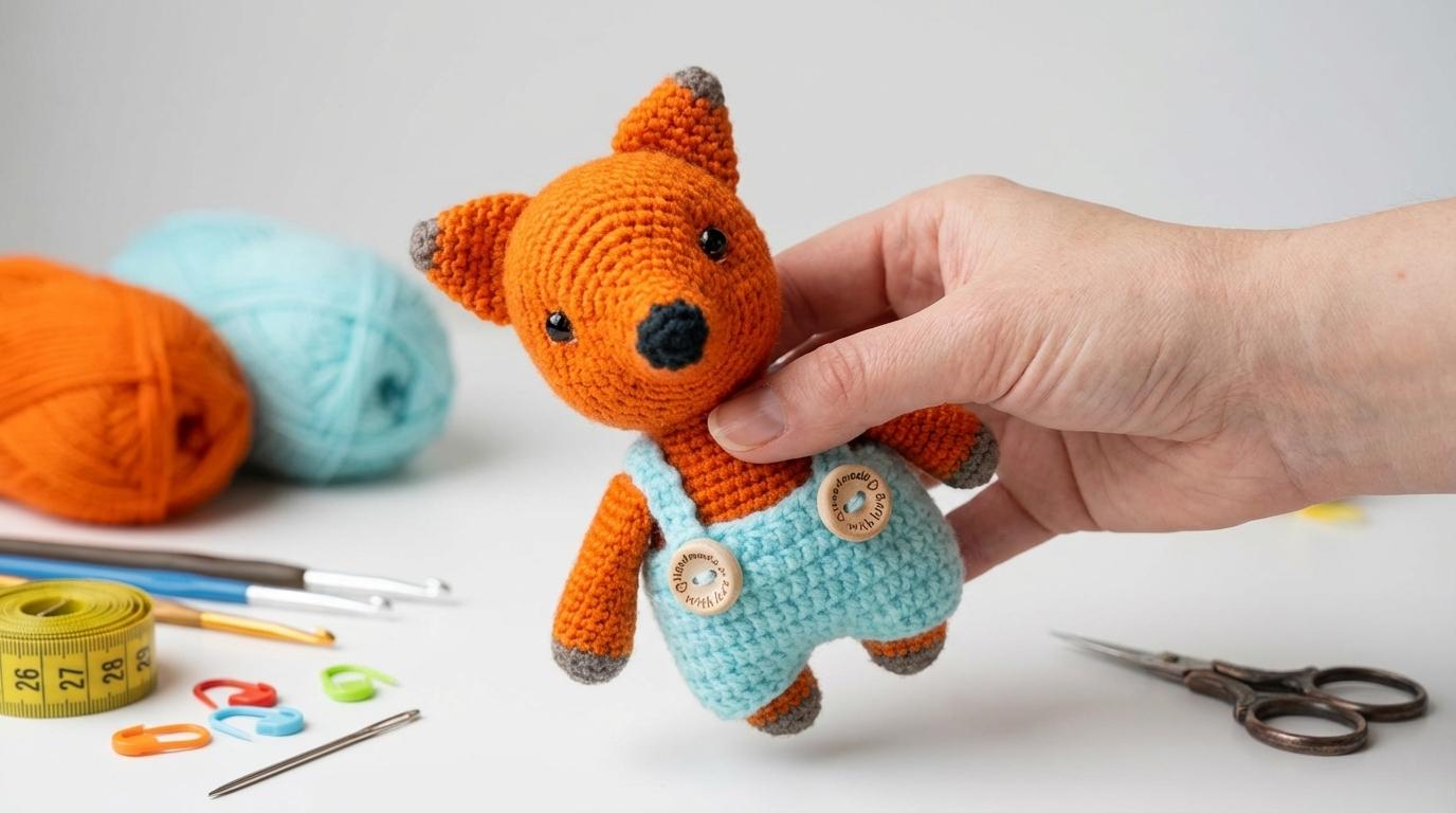 Nuvem Bebê Raposa Amigurumi em fio de semi-algodão laranja e branco, ideal para decoração lúdica de quartos de bebê.